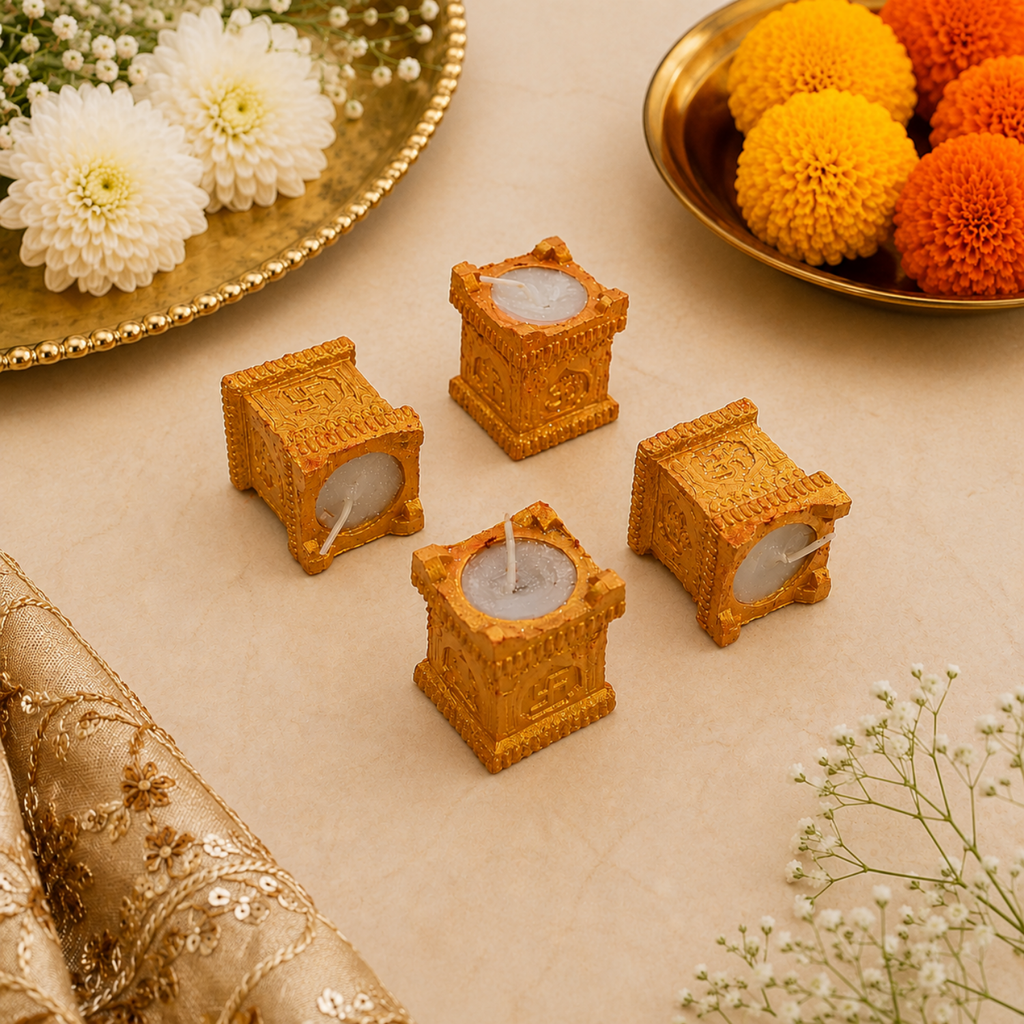 Handcrafted Brass Finish Om & Swastik Diya Candle Holders (Set of 4) – Decorative Wax Tealight Diyas for Pooja & Diwali