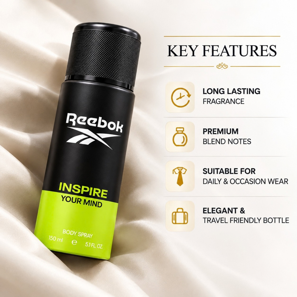 Reebok Inspire Your Mind Deodorant Body Spray for Men (150 ml / 5.1 Fl. Oz.) – Long-Lasting Refreshing Fragrance | Daily & Gym Wear Body Spray