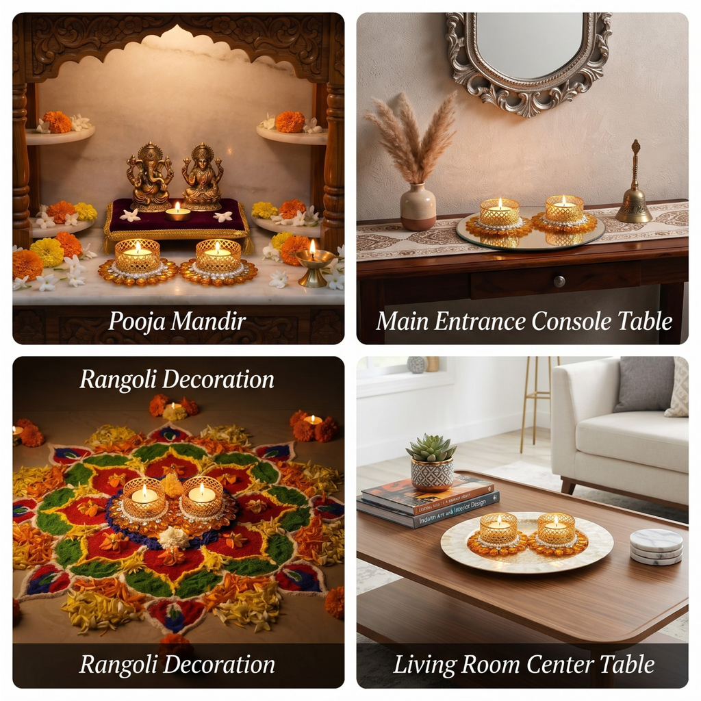 Decor Golden Metal Tealight Candle Holders with Stone and Pearl Embellishments, Decorative Diya for Diwali, Pooja Mandir, Home Decor, and Festival Gifting