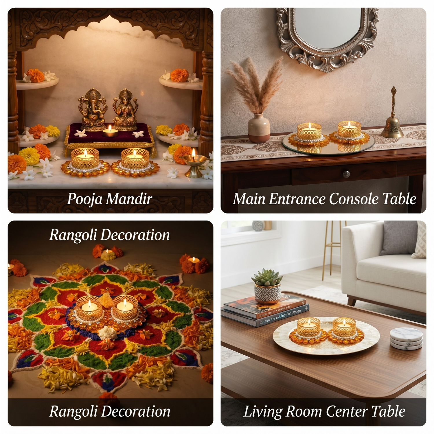 Decor Golden Metal Tealight Candle Holders with Stone and Pearl Embellishments, Decorative Diya for Diwali, Pooja Mandir, Home Decor, and Festival Gifting