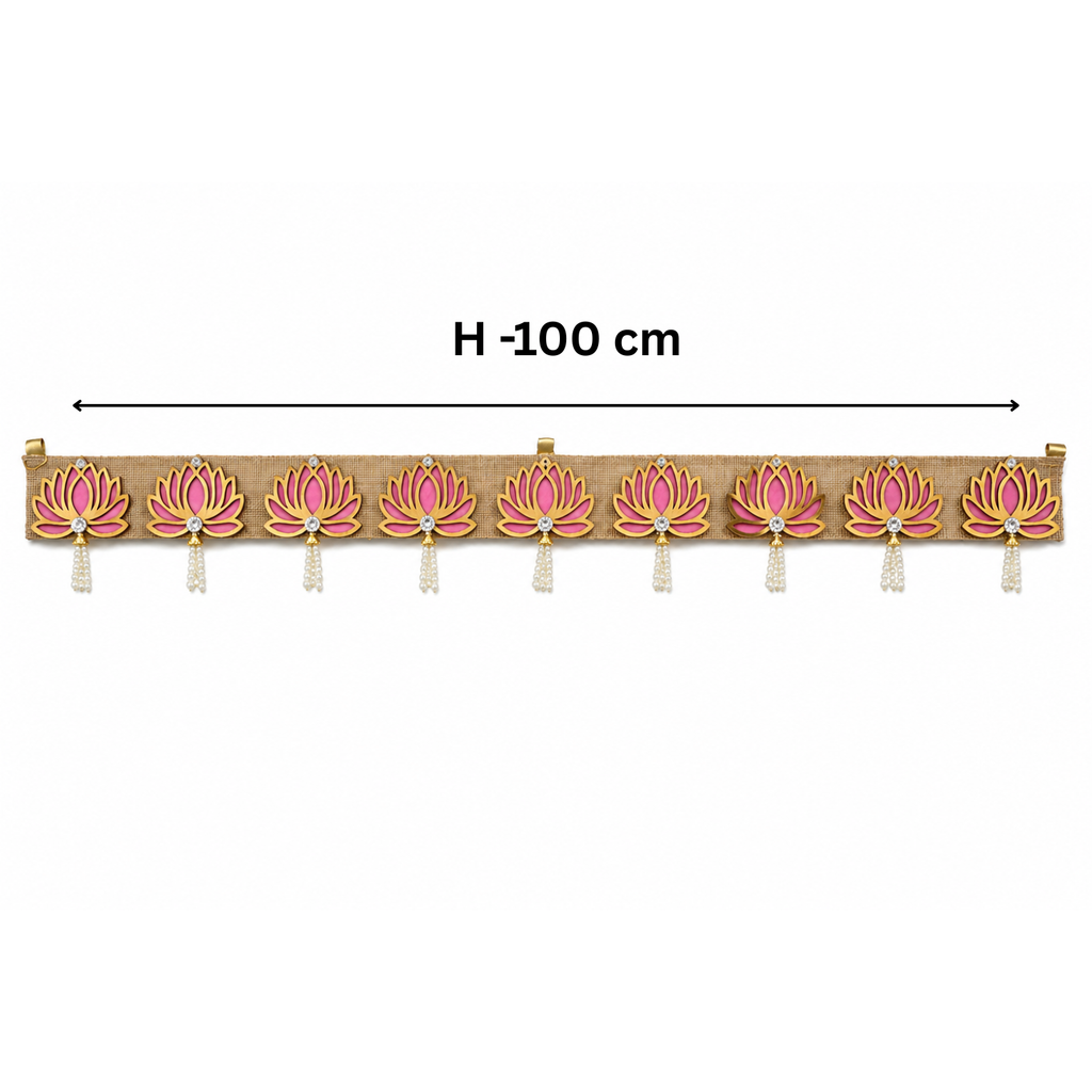 Pink Lotus Bandhanwar Door Hanging – 100 cm Reusable Decorative Toran with Pearl Accents, Handcrafted Ethnic Valance for Main Entrance, Pooja Room, Wedding & Festive Home Decor
