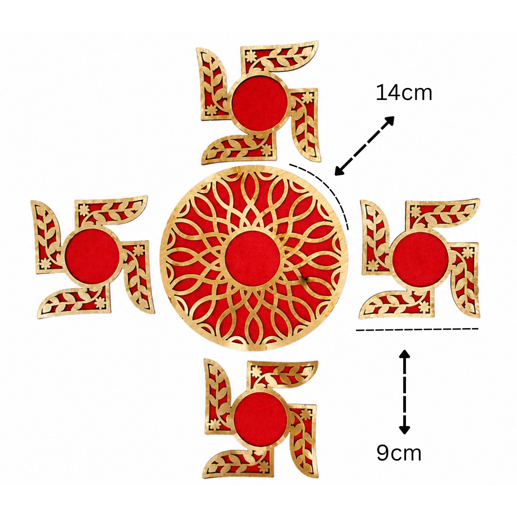 Wooden Swastik Rangoli Set for Home Decor | Traditional Akhand Diya & Pooja Mandir Decoration Items | Festive Diwali & Housewarming Gift | Red & Gold Floor Accent
