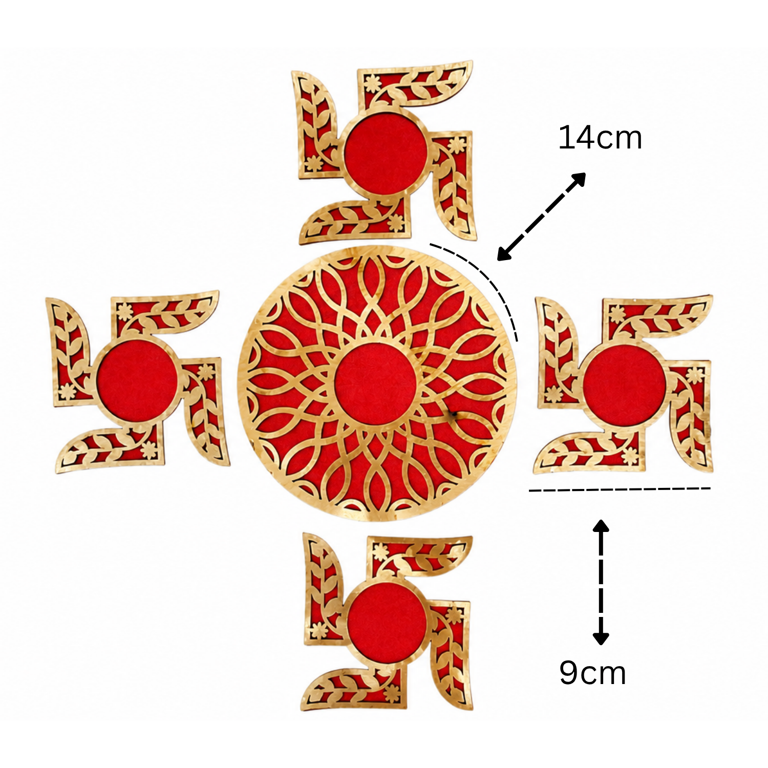 Wooden Swastik Rangoli Set for Home Decor | Traditional Akhand Diya & Pooja Mandir Decoration Items | Festive Diwali & Housewarming Gift | Red & Gold Floor Accent