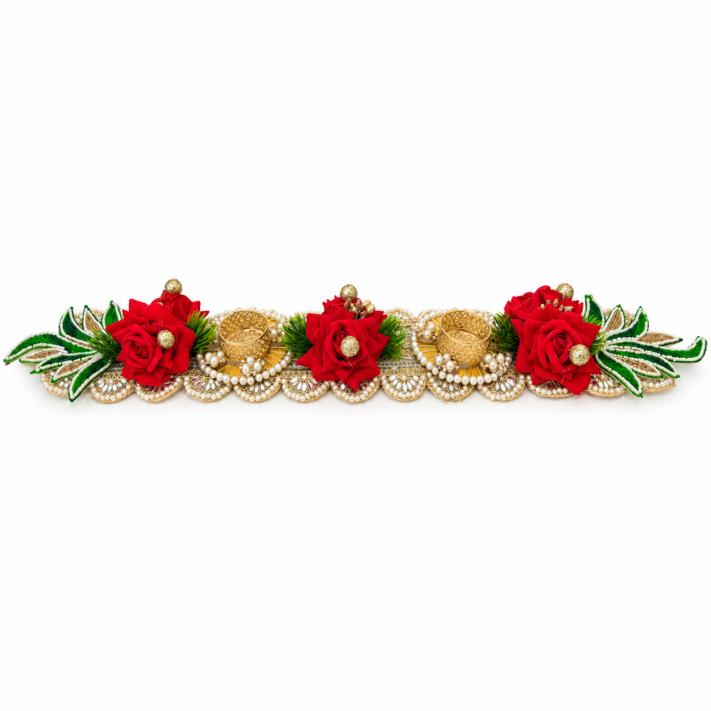 Red Floral Tealight Candle Holder Table Runner – 60 cm Handcrafted Diya Stand with Pearls & Mirror Work for Home & Festive Decor