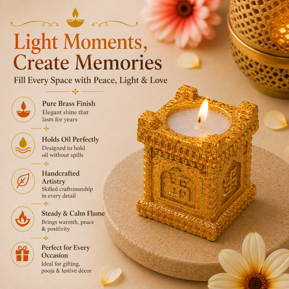 Handcrafted Brass Finish Om & Swastik Diya Candle Holders (Set of 4) – Decorative Wax Tealight Diyas for Pooja & Diwali