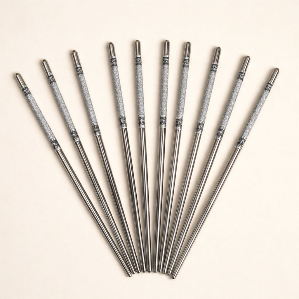 Premium Stainless Steel Chopsticks – Reusable, Eco-Friendly Metal Chopsticks with Decorative Anti-Slip Design – Lightweight & Comfortable Grip for Sushi, Ramen & Noodles (Pack of 5 Pairs, 22.3 cm)