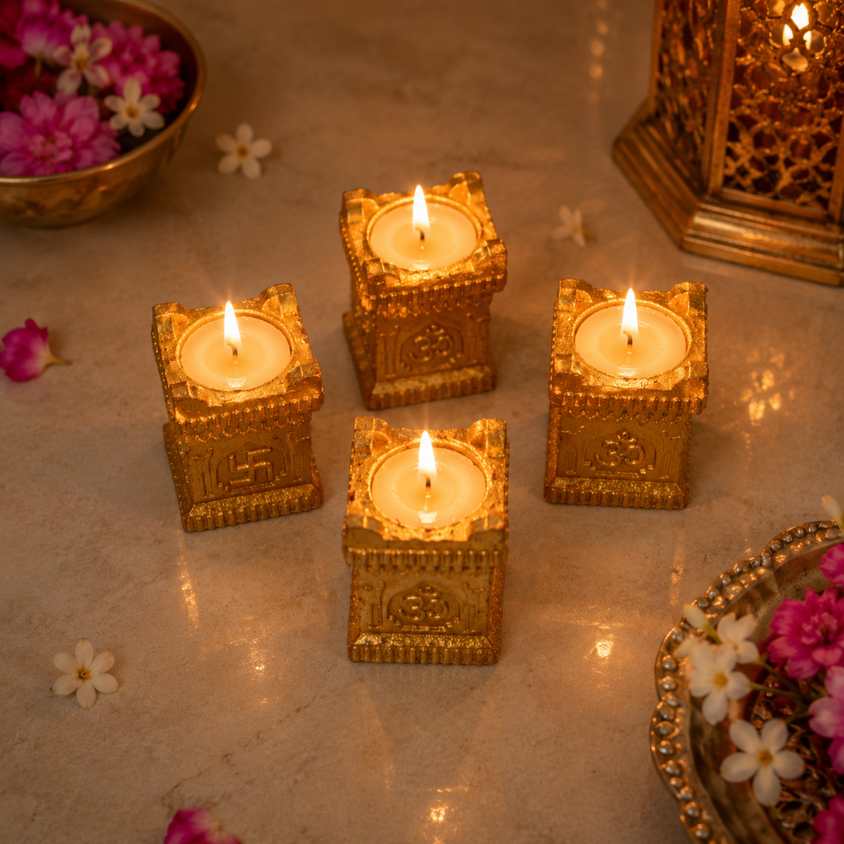 Handcrafted Brass Finish Om & Swastik Diya Candle Holders (Set of 4) – Decorative Wax Tealight Diyas for Pooja & Diwali