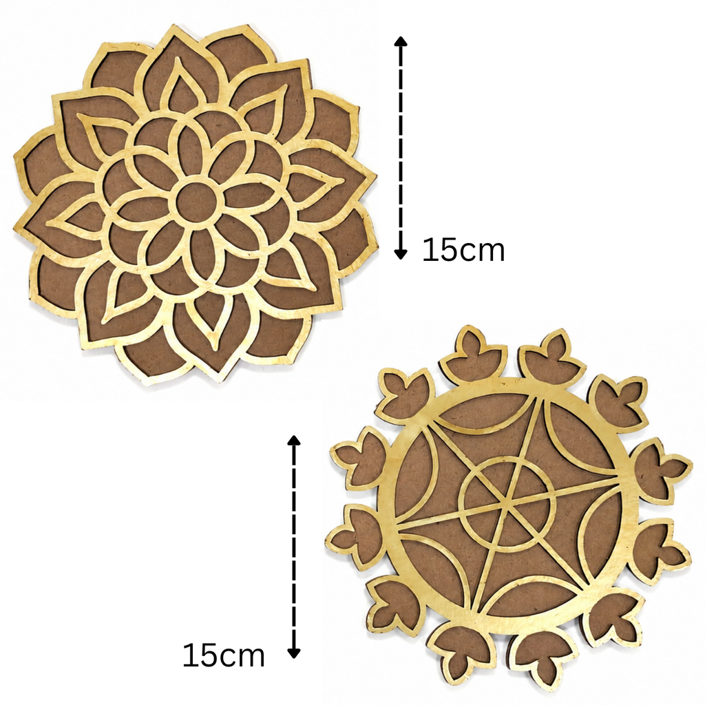 Wooden Lotus Mandala Rangoli Base Cutout for DIY Painting & Diwali Home Decor – 15cm Reusable MDF Stencil Board for Pooja Mandir, Festive Craft Art & Entrance Decoration (Pack of 2)
