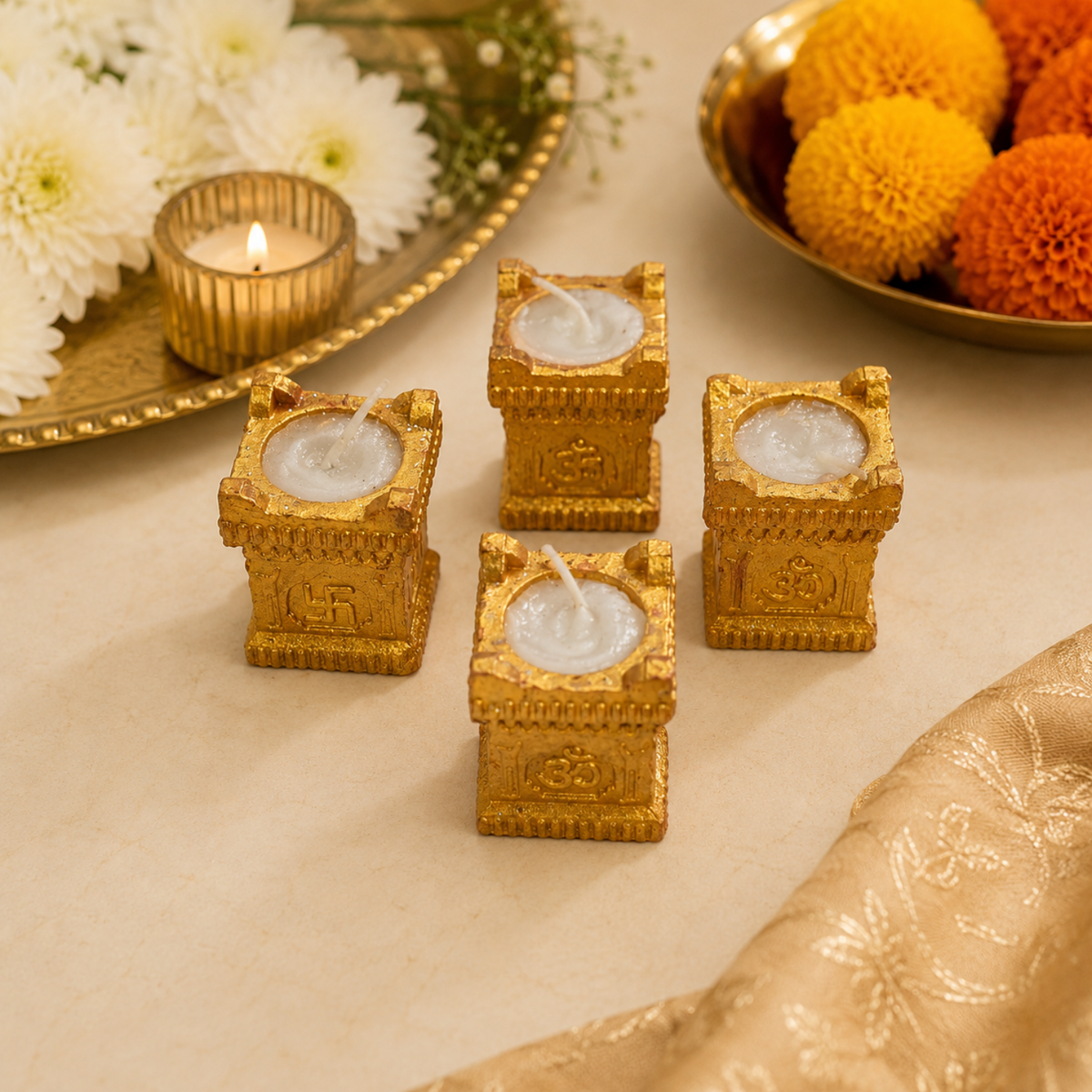 Handcrafted Brass Finish Om & Swastik Diya Candle Holders (Set of 4) – Decorative Wax Tealight Diyas for Pooja & Diwali
