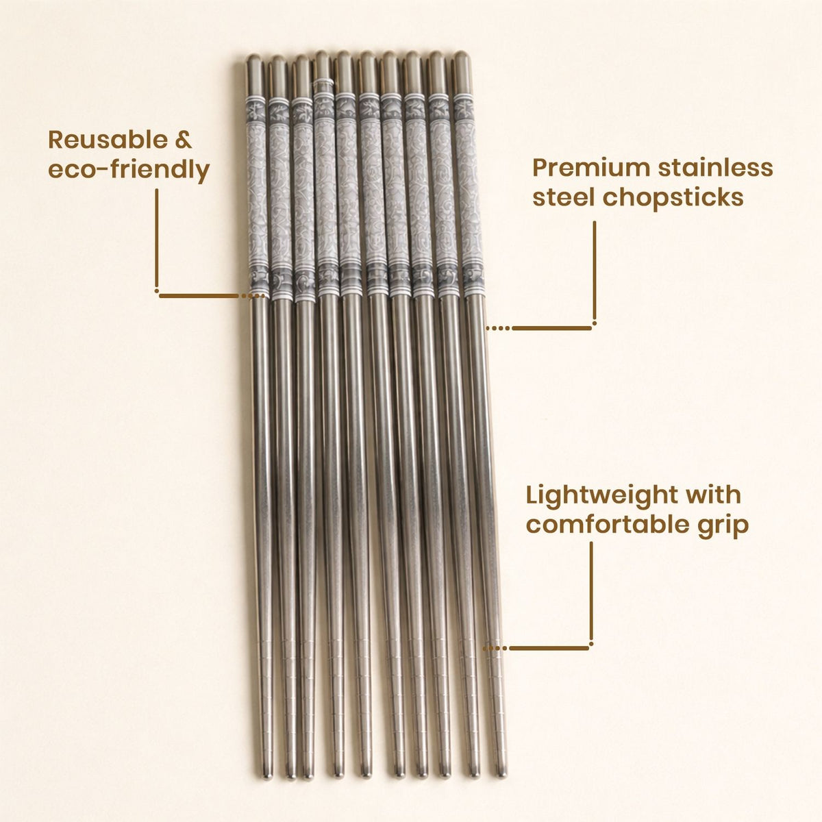 Premium Stainless Steel Chopsticks – Reusable, Eco-Friendly Metal Chopsticks with Decorative Anti-Slip Design – Lightweight & Comfortable Grip for Sushi, Ramen & Noodles (Pack of 5 Pairs, 22.3 cm)
