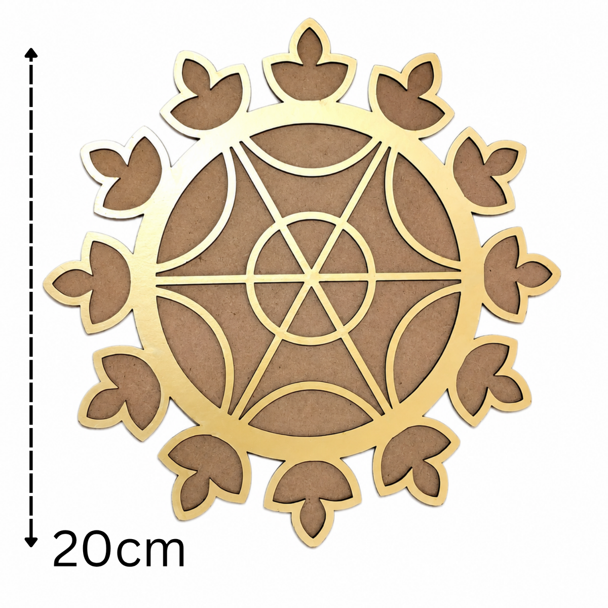 Wooden Rangoli Cutout for Floor Decoration | 20cm Gold Finish MDF Mandala Stencil Template for Diwali, Pooja Mandir, Home Entrance & Festive Craft Art