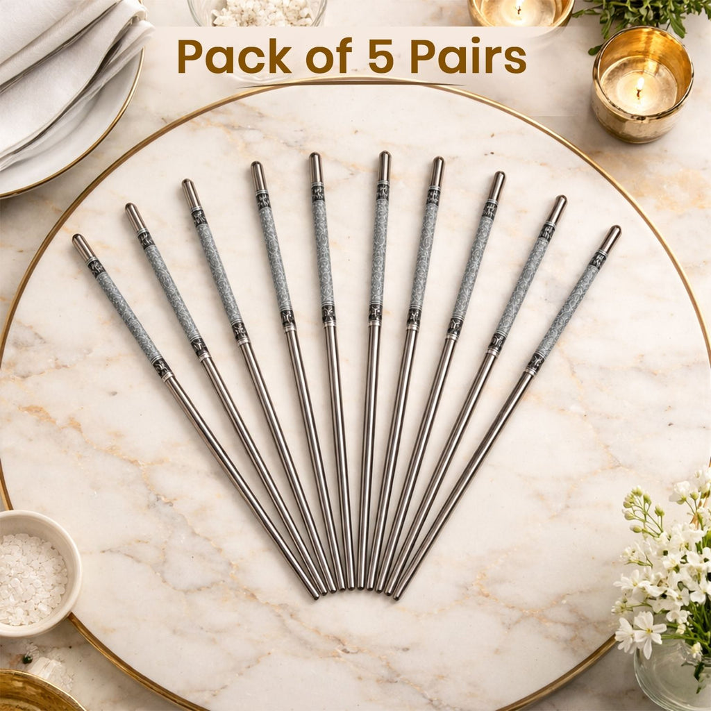 Premium Stainless Steel Chopsticks – Reusable, Eco-Friendly Metal Chopsticks with Decorative Anti-Slip Design – Lightweight & Comfortable Grip for Sushi, Ramen & Noodles (Pack of 5 Pairs, 22.3 cm)