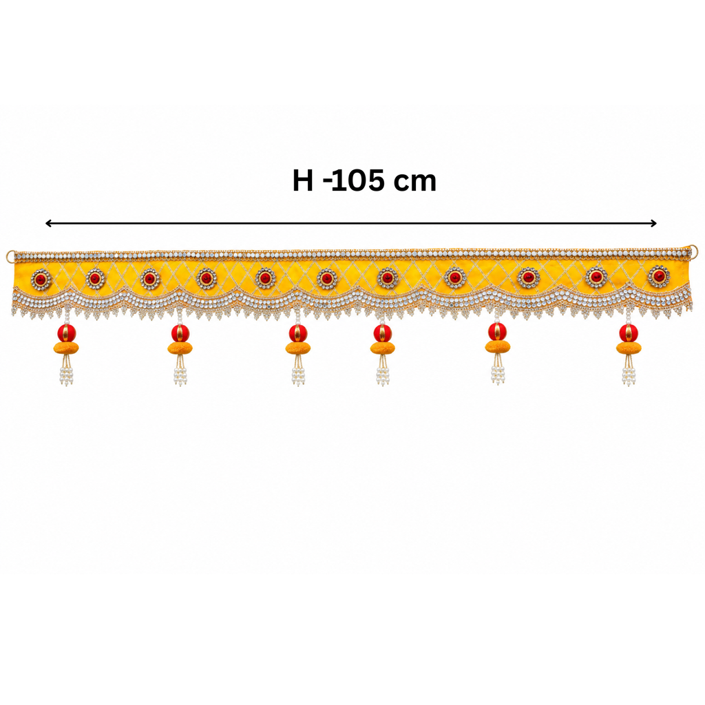 Handmade Decorative Yellow Door Toran - 105 cm Traditional Bandhanwar with Red Stones, Crystal Work & Pearl Tassels for Home, Pooja Room & Festive Decor