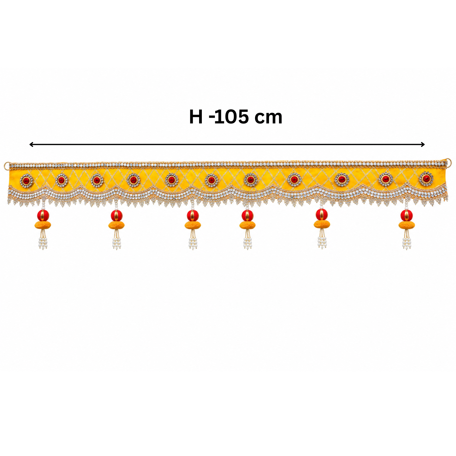 Handmade Decorative Yellow Door Toran - 105 cm Traditional Bandhanwar with Red Stones, Crystal Work & Pearl Tassels for Home, Pooja Room & Festive Decor