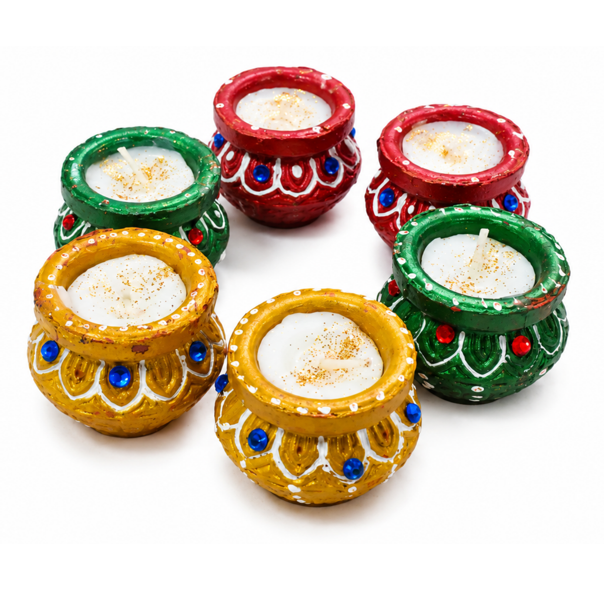 Handcrafted Decorative Matki Diya Wax Candles (Set of 6) – Eco-Friendly Clay Tealight Diyas with Jewel & Glitter Accents for Diwali, Puja & Festive Decor