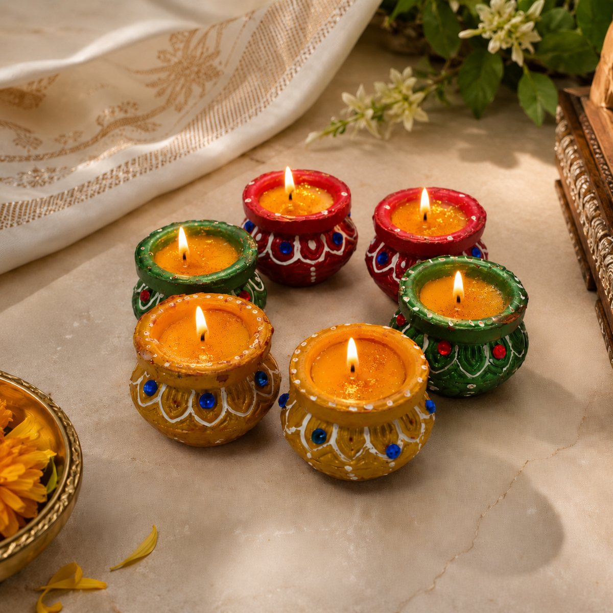 Handcrafted Decorative Matki Diya Wax Candles (Set of 6) – Eco-Friendly Clay Tealight Diyas with Jewel & Glitter Accents for Diwali, Puja & Festive Decor
