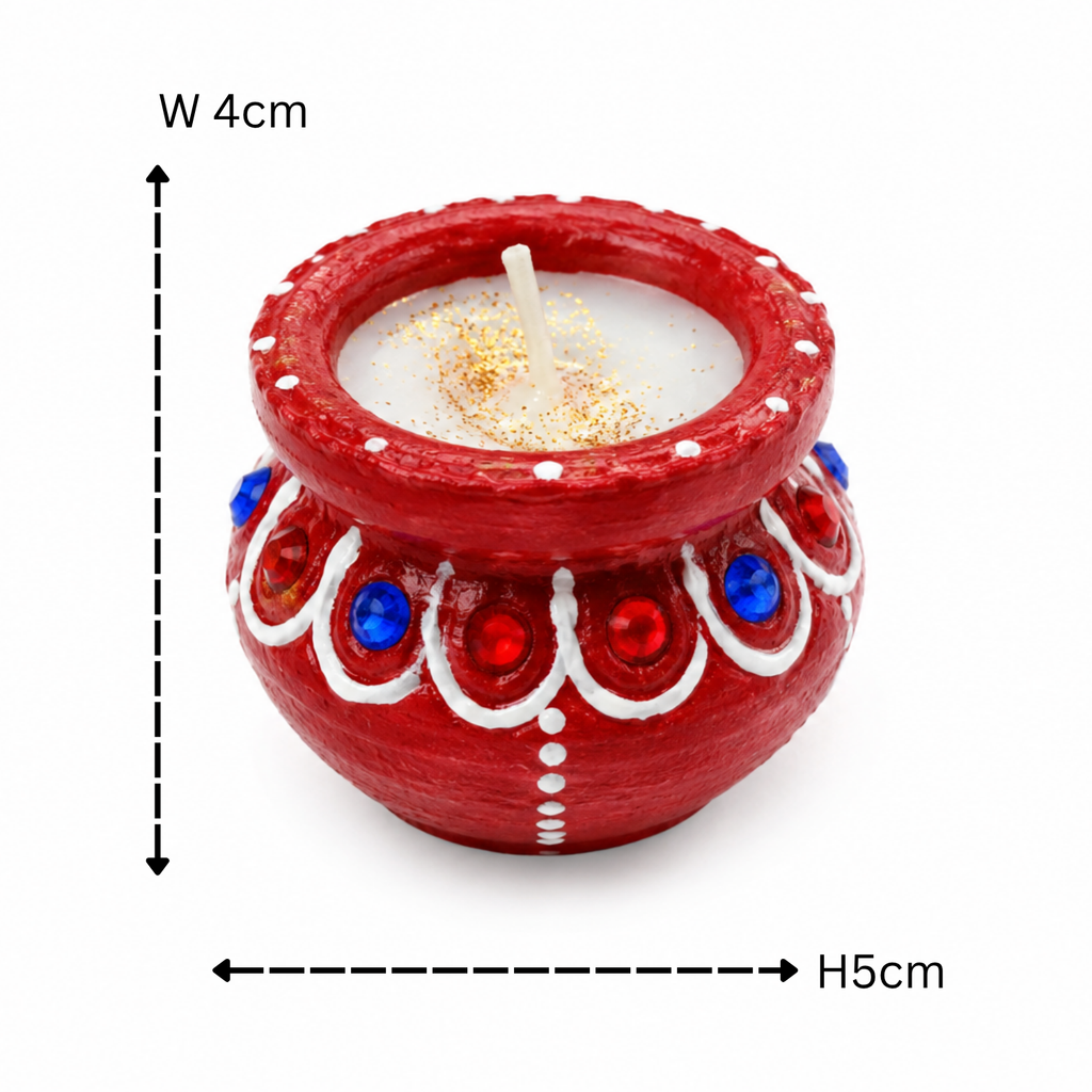 Handcrafted Decorative Matki Diya Wax Candles (Set of 6) – Eco-Friendly Clay Tealight Diyas with Jewel & Glitter Accents for Diwali, Puja & Festive Decor