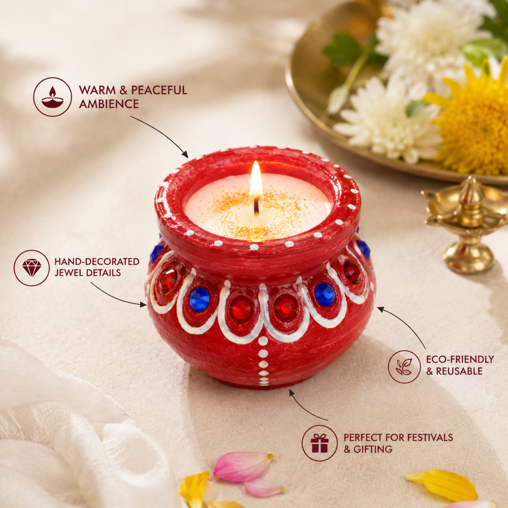 Handcrafted Decorative Matki Diya Wax Candles (Set of 6) – Eco-Friendly Clay Tealight Diyas with Jewel & Glitter Accents for Diwali, Puja & Festive Decor