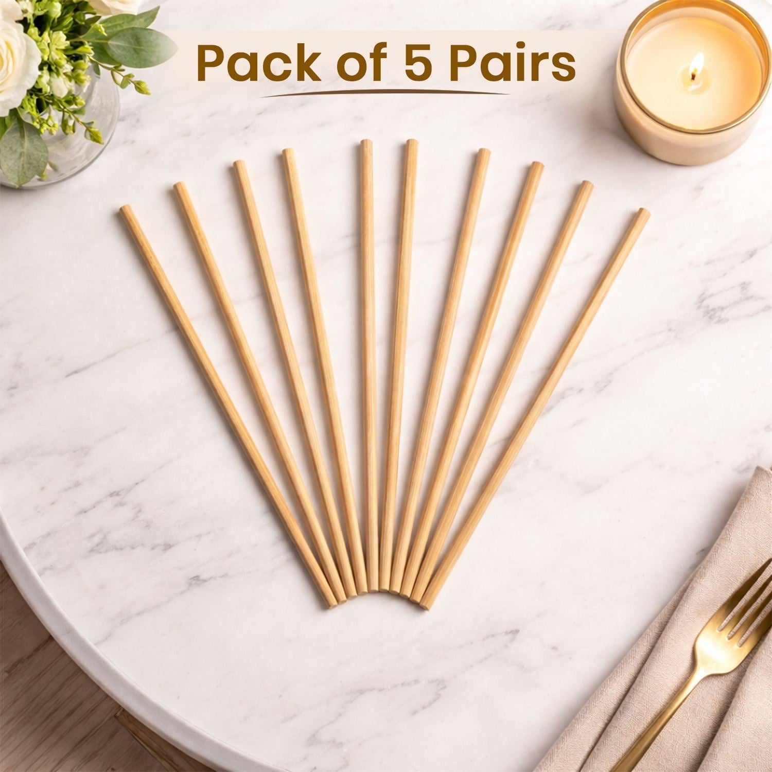 Natural Wooden Chopsticks - Reusable & Eco-Friendly Kitchen Utensils for Sushi, Ramen, and Noodles - Smooth Finish, Comfortable Grip (Pack of 5 Pairs, 24 cm)
