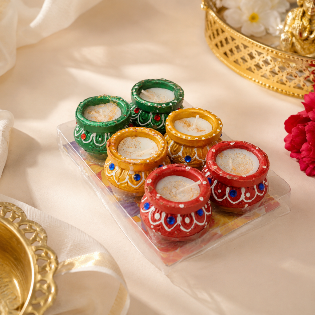 Handcrafted Decorative Matki Diya Wax Candles (Set of 6) – Eco-Friendly Clay Tealight Diyas with Jewel & Glitter Accents for Diwali, Puja & Festive Decor