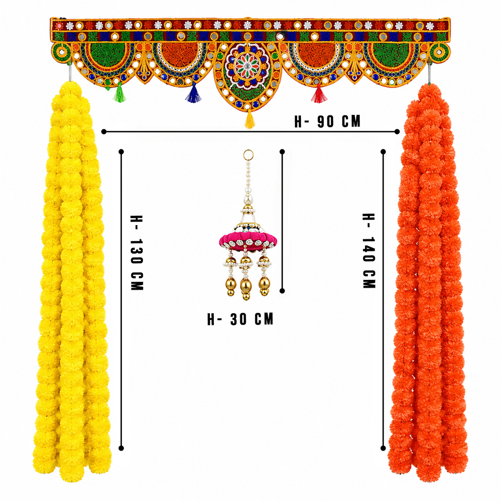 Decorative Traditional Door Toran with Artificial Marigold Hanging Strings – Festive Home Decor for Diwali, Wedding, and Mandir Entrance (Yellow & Orange)
