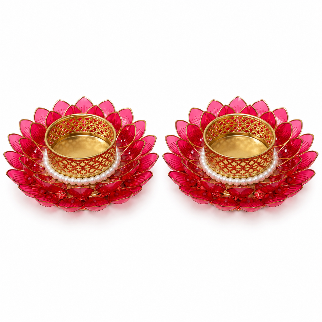 Lotus Shaped T-light Candle Holder 9 cm (Pack of 2 Red)