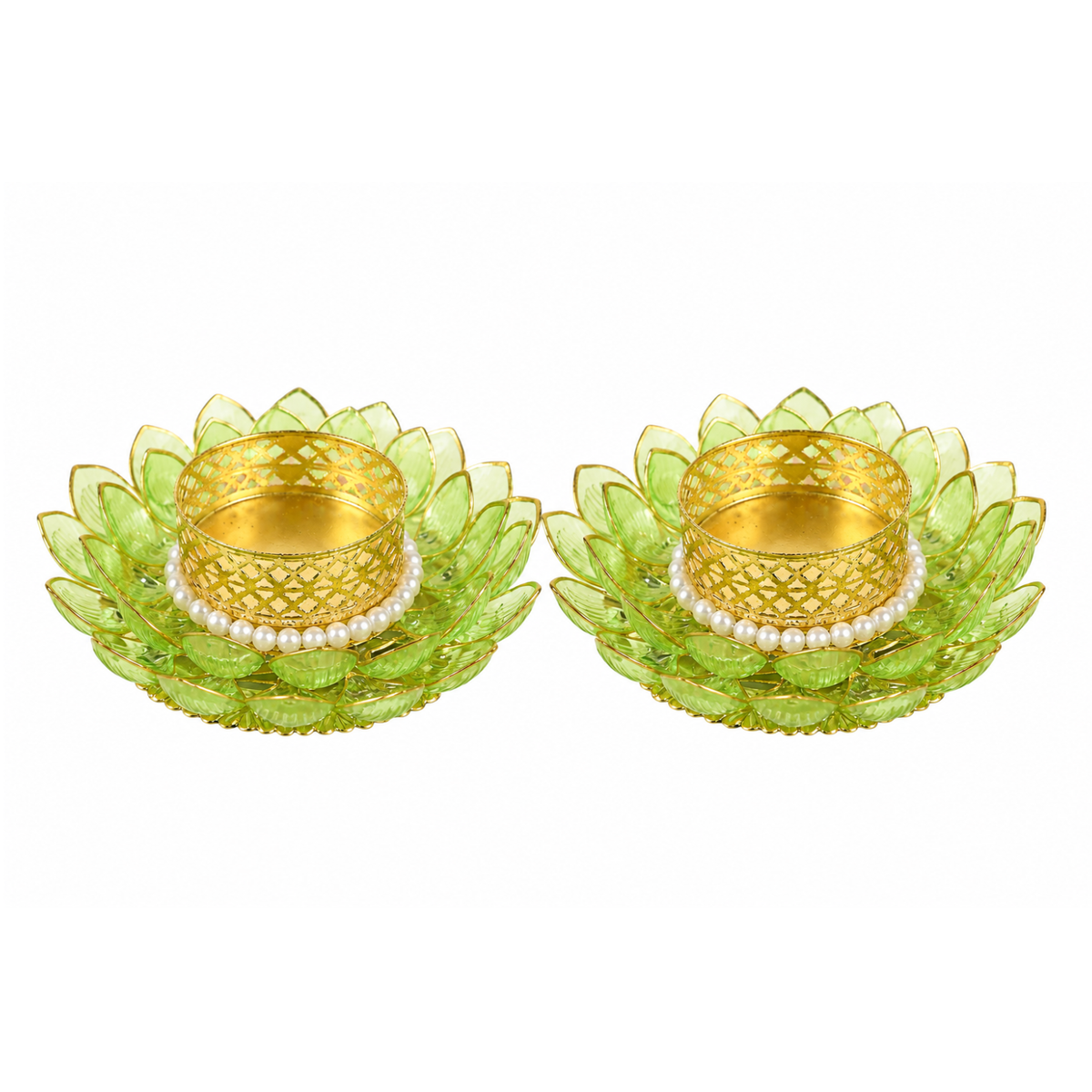 Lotus Shaped T-light Candle Holder 9 cm (Pack of 2 Green)