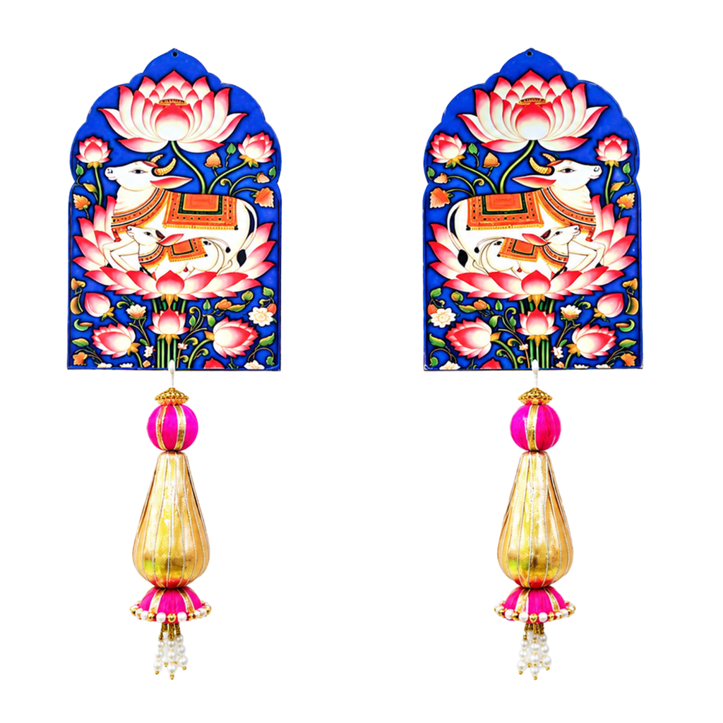 Ethnic Kamdhenu Wall Hanging – 28 cm Reusable Traditional Door Ornament for Entrance, Office & Festive Home Decor, (Set of 2, Multicolour)
