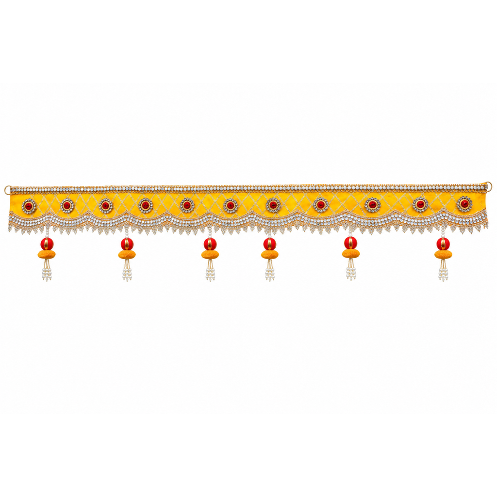 Handmade Decorative Yellow Door Toran - 105 cm Traditional Bandhanwar with Red Stones, Crystal Work & Pearl Tassels for Home, Pooja Room & Festive Decor