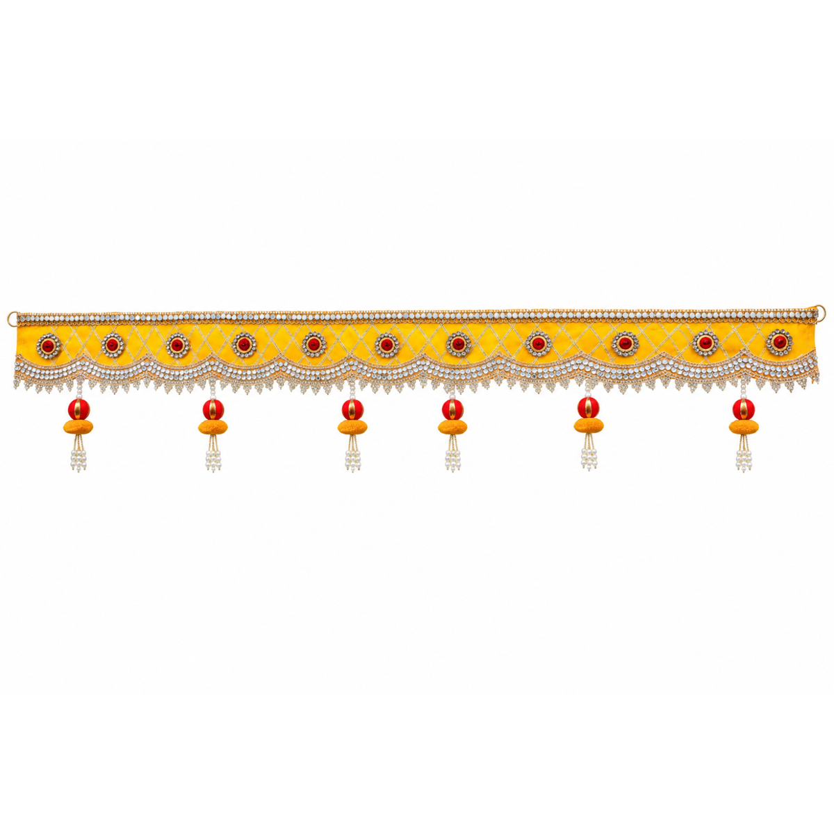 Handmade Decorative Yellow Door Toran - 105 cm Traditional Bandhanwar with Red Stones, Crystal Work & Pearl Tassels for Home, Pooja Room & Festive Decor