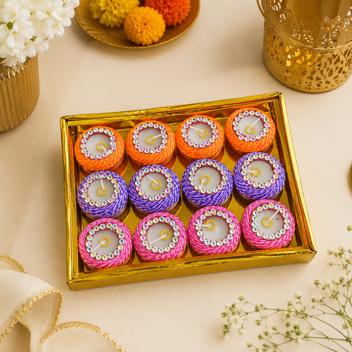 Diacraft Handcrafted Thread & Stone Wax Diya Set (Pack of 12) – Colorful Decorative Clay Wax Diyas with Rhinestone Accents for Diwali, Pooja & Festive Gifting
