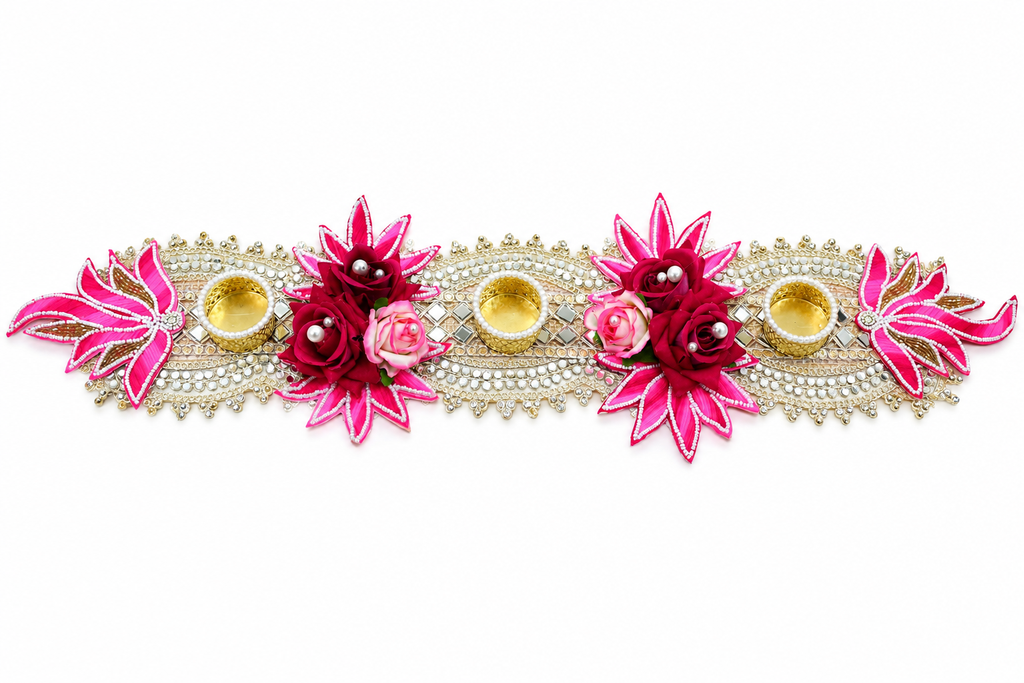 Pink Decorative Tealight Candle Holder Table Runner – 55 cm Handcrafted Floral Diya Stand with Mirror & Pearl Work for Diwali, Pooja & Home Decor