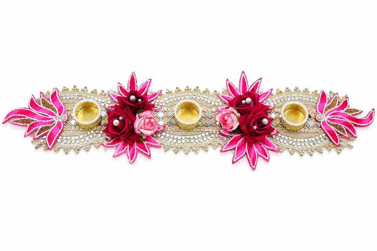 Pink Decorative Tealight Candle Holder Table Runner – 55 cm Handcrafted Floral Diya Stand with Mirror & Pearl Work for Diwali, Pooja & Home Decor