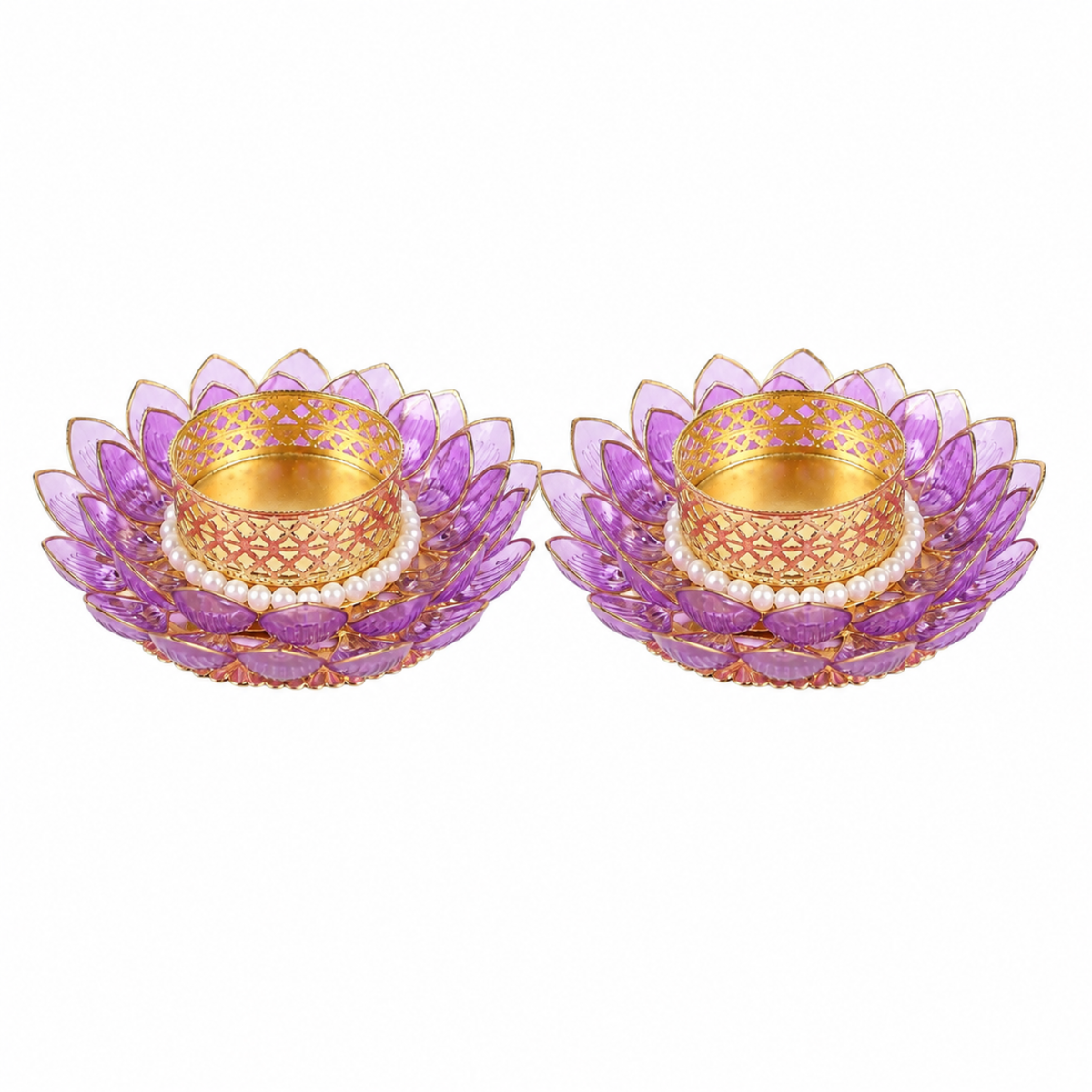Lotus Shaped T-light Candle Holder 9 cm (Pack of 2 Purple)
