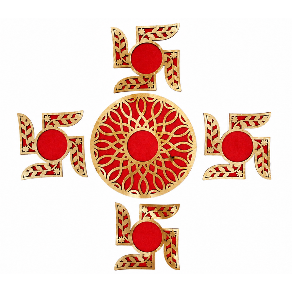 Wooden Swastik Rangoli Set for Home Decor | Traditional Akhand Diya & Pooja Mandir Decoration Items | Festive Diwali & Housewarming Gift | Red & Gold Floor Accent
