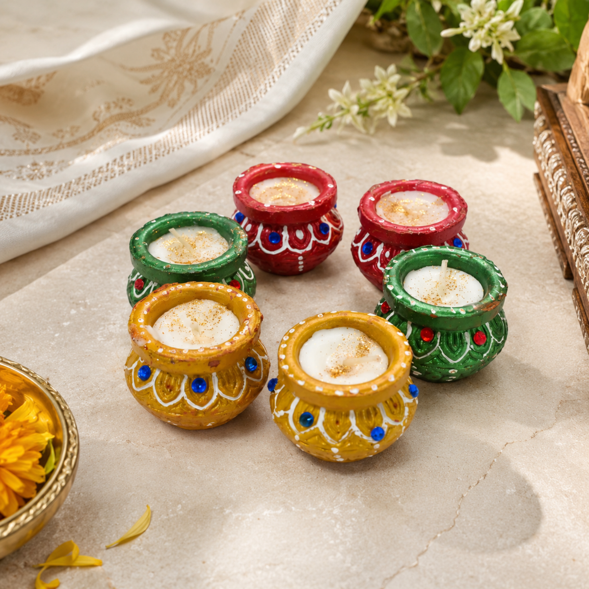 Handcrafted Decorative Matki Diya Wax Candles (Set of 6) – Eco-Friendly Clay Tealight Diyas with Jewel & Glitter Accents for Diwali, Puja & Festive Decor