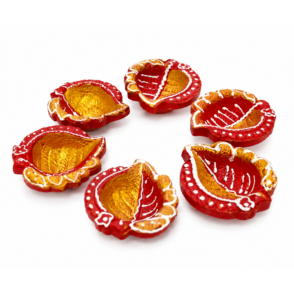 Handcrafted Hand-Painted Terracotta Clay Diya Set of 6 (6 cm) | Decorative Red & Gold Diwali Oil Lamps for Pooja & Rangoli Decor