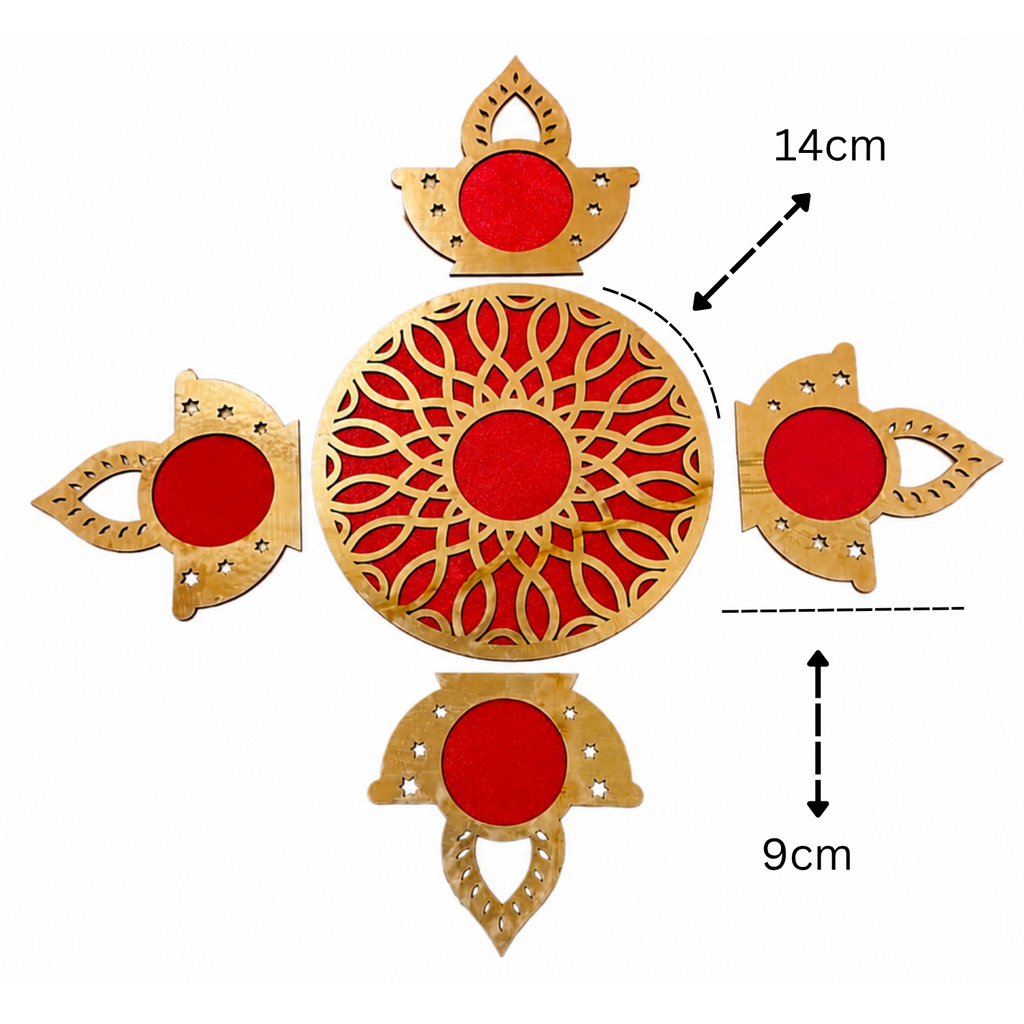 Decorative Rangoli Set with Diya Cutouts – 14 cm Round MDF Wooden Base with Red Velvet Finish for Floor Decor, Pooja & Festivals | DIY Festive Art Accent for Diwali Home Decoration