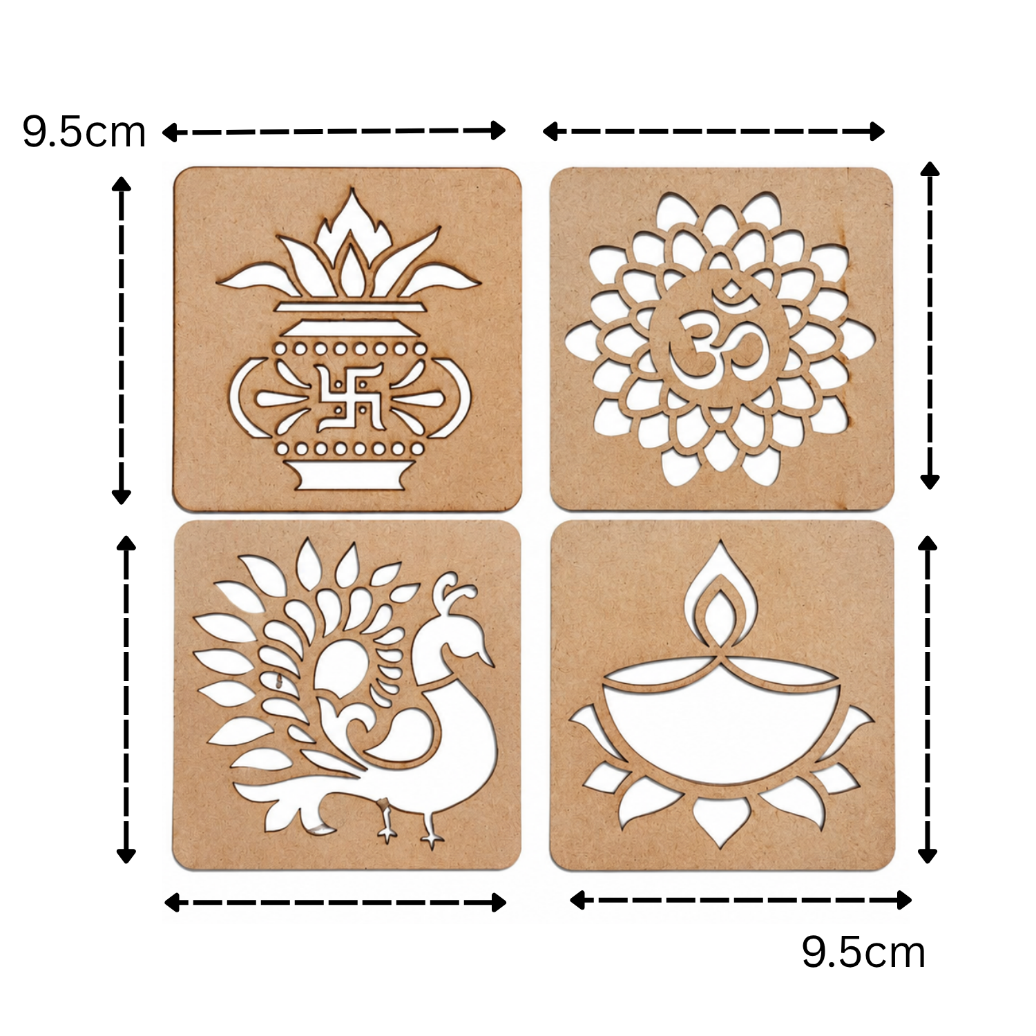 Rangoli Stencils Set of 4 – 9.5 x 9.5 cm Reusable MDF Wooden Cutout Templates for Floor Decor, Painting & Pooja | Traditional Mandala, Peacock, Diya & Kalash Designs for Diwali