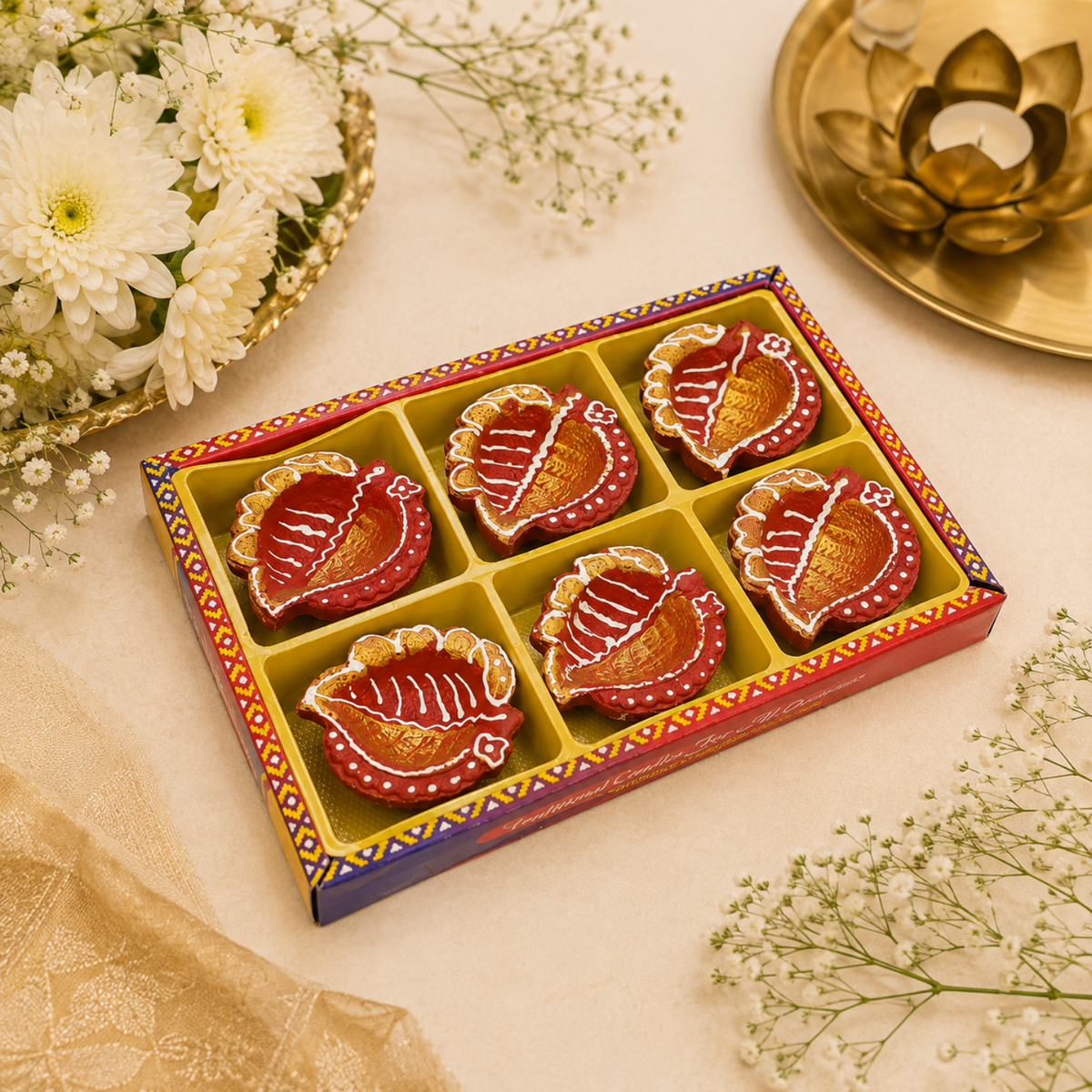 Handcrafted Hand-Painted Terracotta Clay Diya Set of 6 (6 cm) | Decorative Red & Gold Diwali Oil Lamps for Pooja & Rangoli Decor