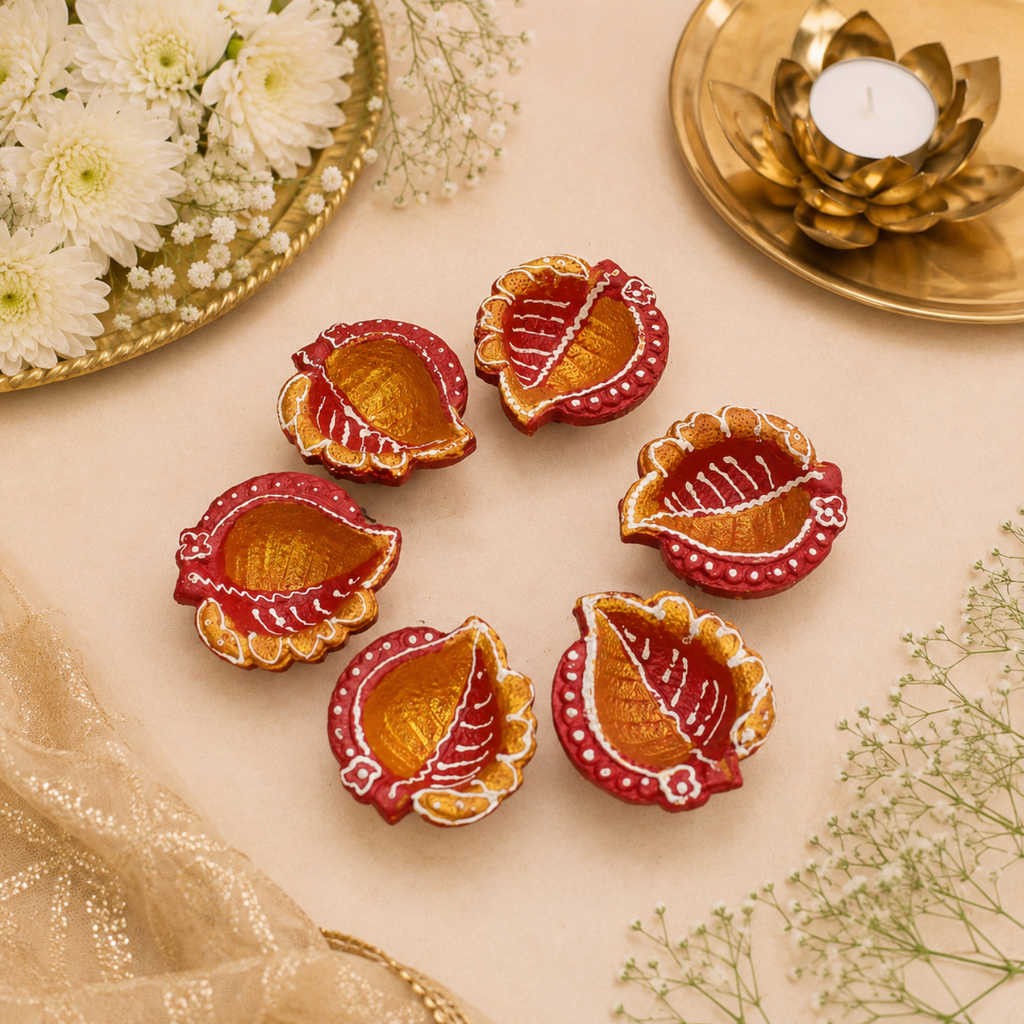 Handcrafted Hand-Painted Terracotta Clay Diya Set of 6 (6 cm) | Decorative Red & Gold Diwali Oil Lamps for Pooja & Rangoli Decor