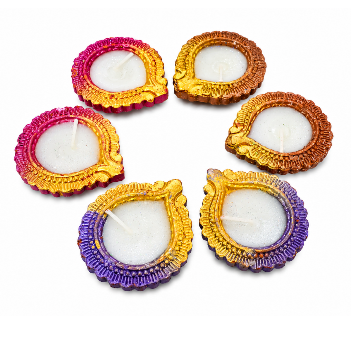 Handcrafted Lotus Terracotta Diya Candle Set of 6 – Colorful Wax Filled Clay Diyas for Diwali Pooja & Festive Home Decor