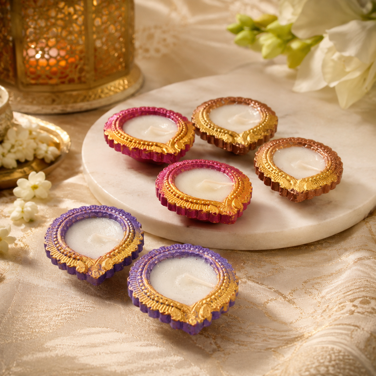Handcrafted Lotus Terracotta Diya Candle Set of 6 – Colorful Wax Filled Clay Diyas for Diwali Pooja & Festive Home Decor