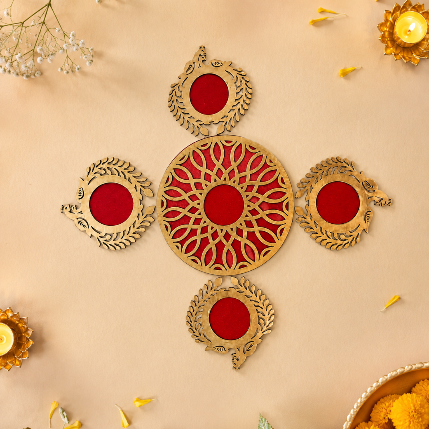 Wooden Rangoli Set for Home Decor | Traditional Akhand Diwa/Pooja Mandir Decoration Item | Festive Diwali & Housewarming Gift | Red & Gold Floor Decal Accents