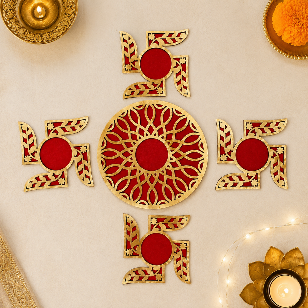 Wooden Swastik Rangoli Set for Home Decor | Traditional Akhand Diya & Pooja Mandir Decoration Items | Festive Diwali & Housewarming Gift | Red & Gold Floor Accent
