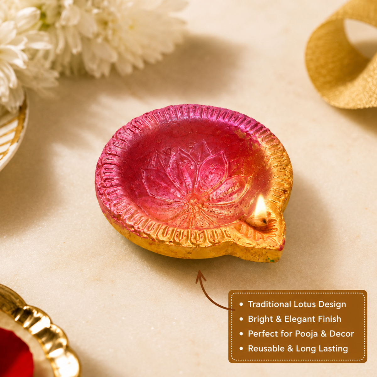 Handcrafted Lotus Terracotta Diya Candle Set of 6 – Colorful Wax Filled Clay Diyas for Diwali Pooja & Festive Home Decor