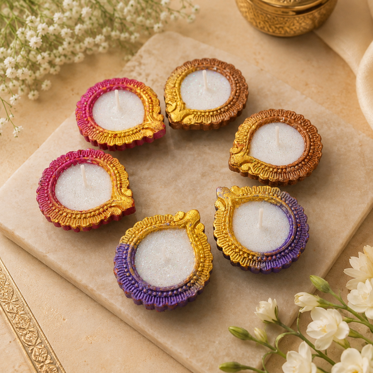 Handcrafted Lotus Terracotta Diya Candle Set of 6 – Colorful Wax Filled Clay Diyas for Diwali Pooja & Festive Home Decor