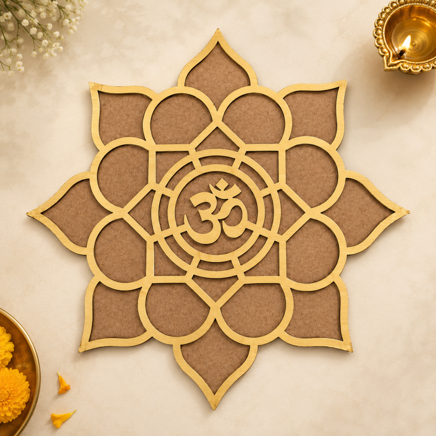 Wooden OM Lotus Wall Art for Home Decor | Sacred Geometry Spiritual Pooja Mandir Decoration Item | Festive Diwali & Meditation Room Accent | Eco-Friendly MDF Hanging Sign