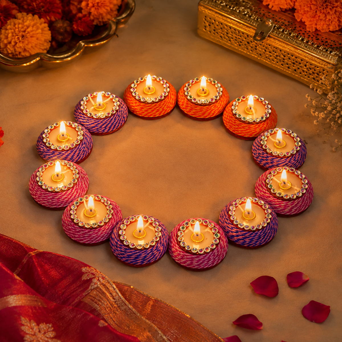 Diacraft Handcrafted Thread & Stone Wax Diya Set (Pack of 12) – Colorful Decorative Clay Wax Diyas with Rhinestone Accents for Diwali, Pooja & Festive Gifting