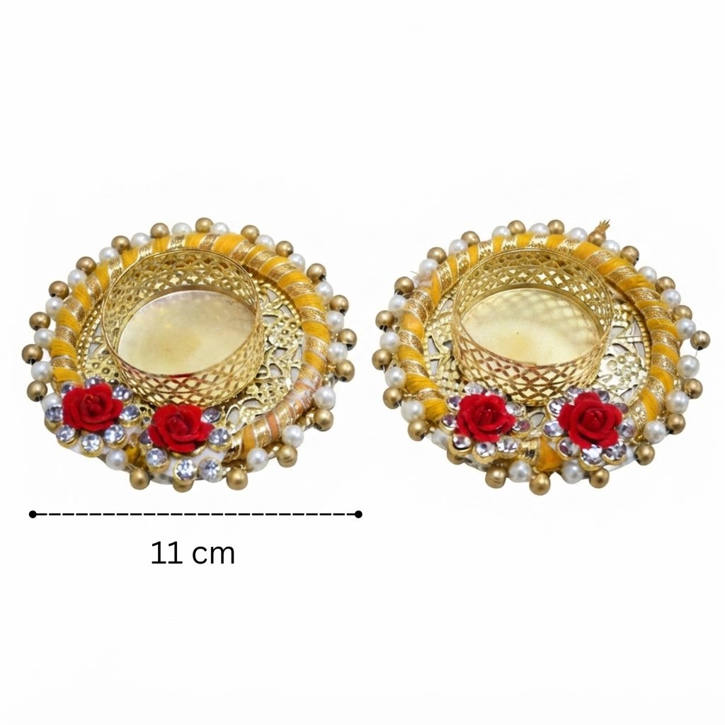 Decorative Tealight Candle Holders - Set of 2, Yellow Thread & Gold Metal Design with Red Roses, Handcrafted Diya for Diwali Decoration, Pooja Mandir, Table Centerpiece